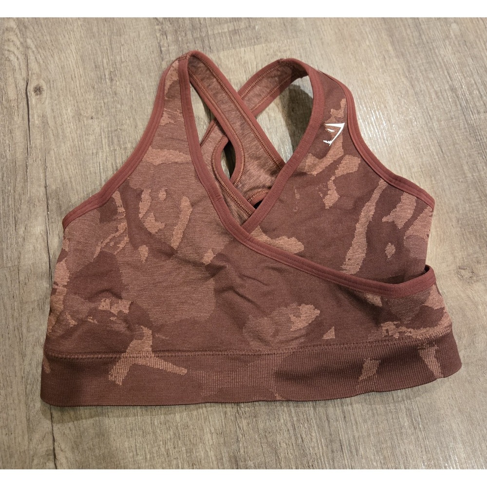 GYMSHARK ADAPT CAMO SEAMLESS SPORTS BRA MAROON SIZE SMALL